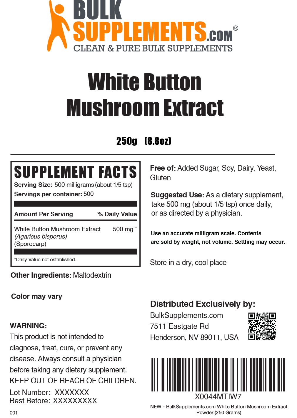 White button mushroom extract powder label 250g
