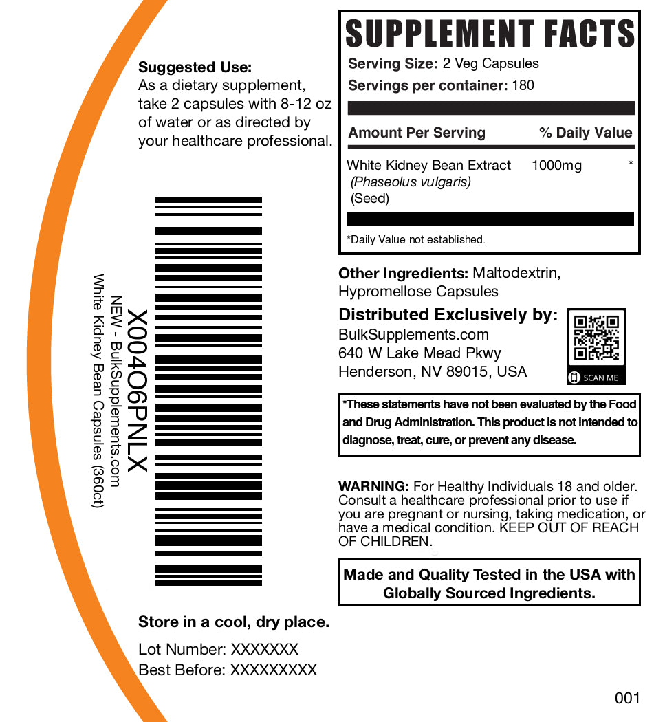 White kidney bean extract 360 capsules label