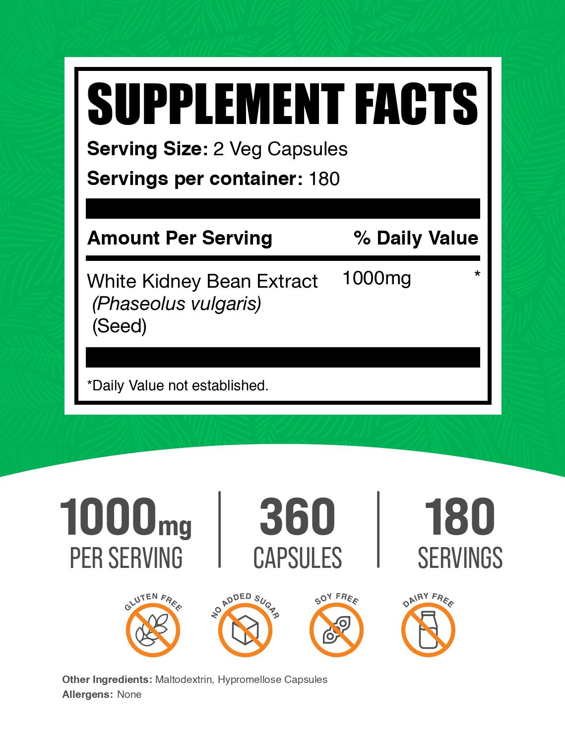 White kidney bean extract 360 capsules label