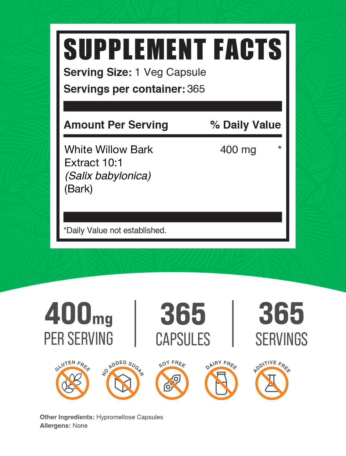 BulkSupplements White Willow Bark Extract Capsules 400mg 365ct Supplement Facts