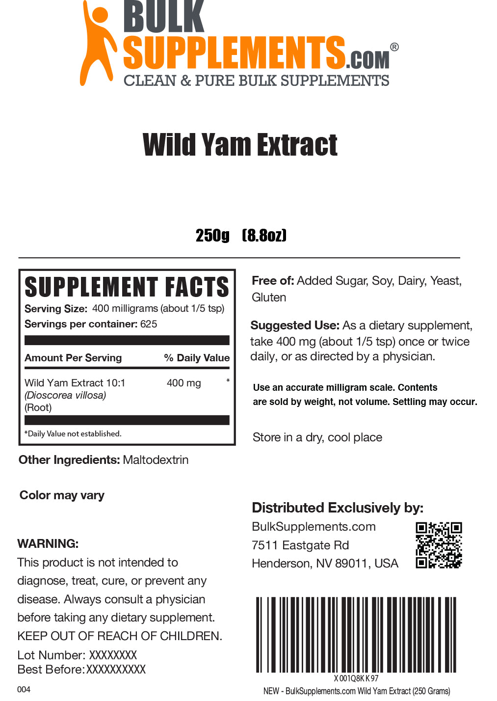 Wild yam extract powder label 250g