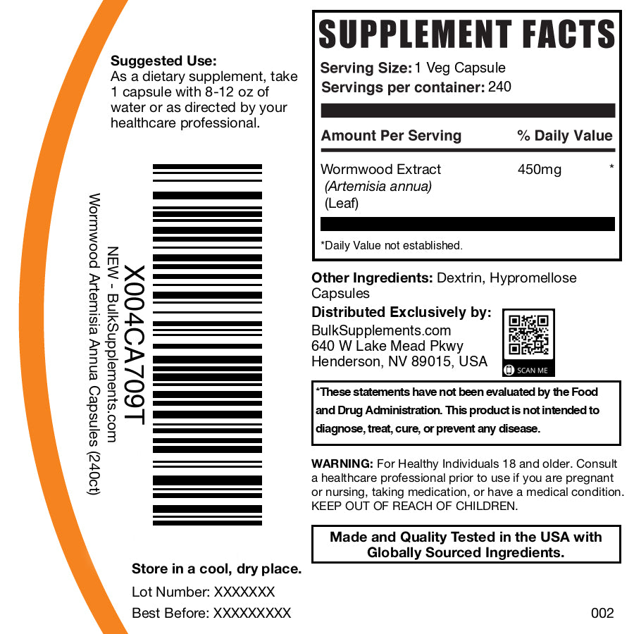 Wormwood extract 240 capsules label