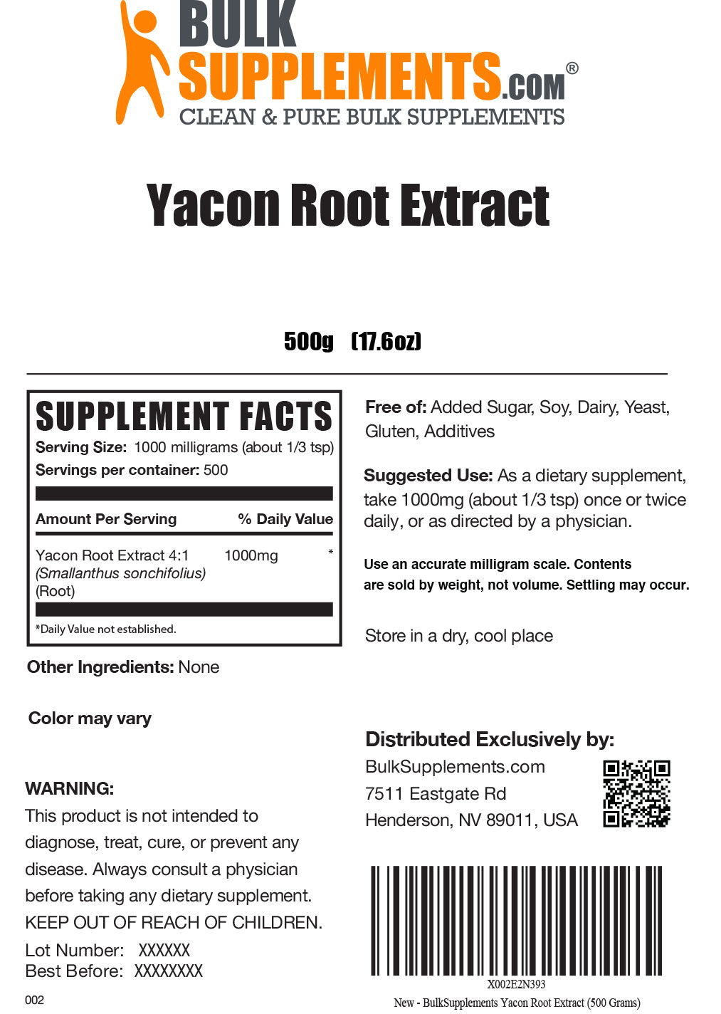 Supplement Facts Yacon Root Extract