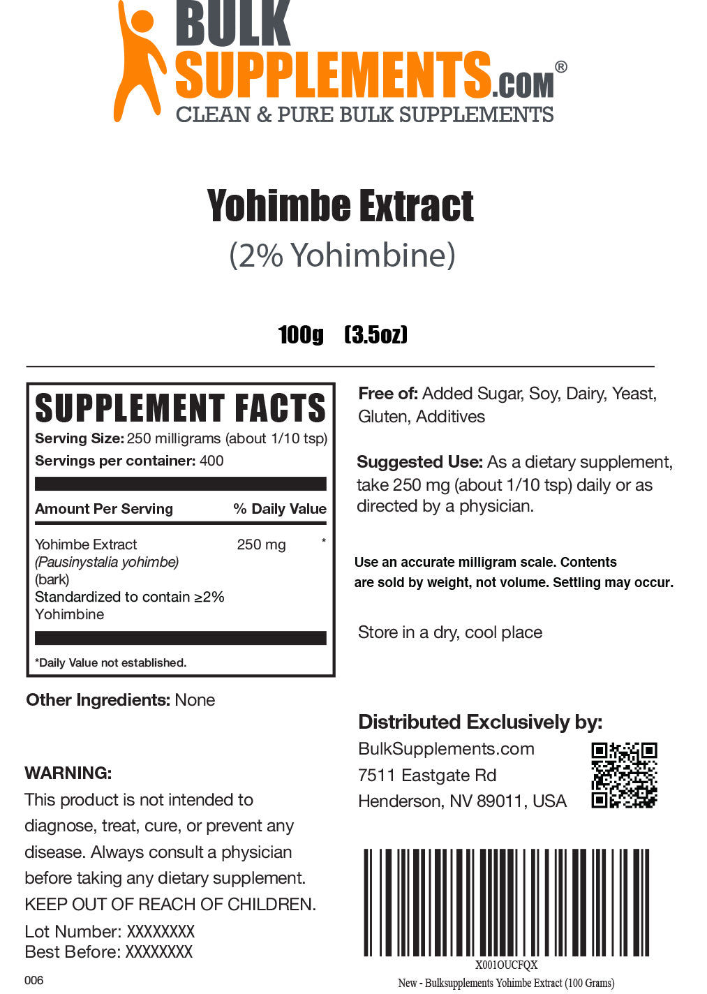 Supplement Facts Yohimbe Extract 2% Yohimbine