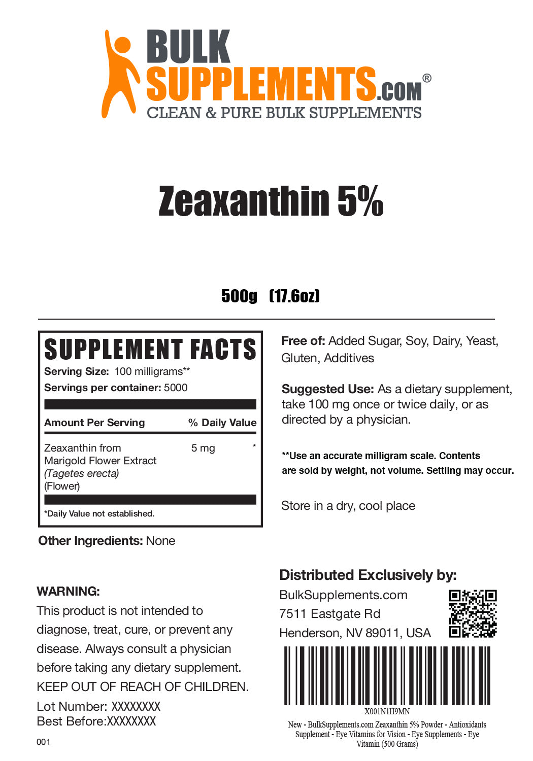 Supplement Facts Zeaxanthin 5%