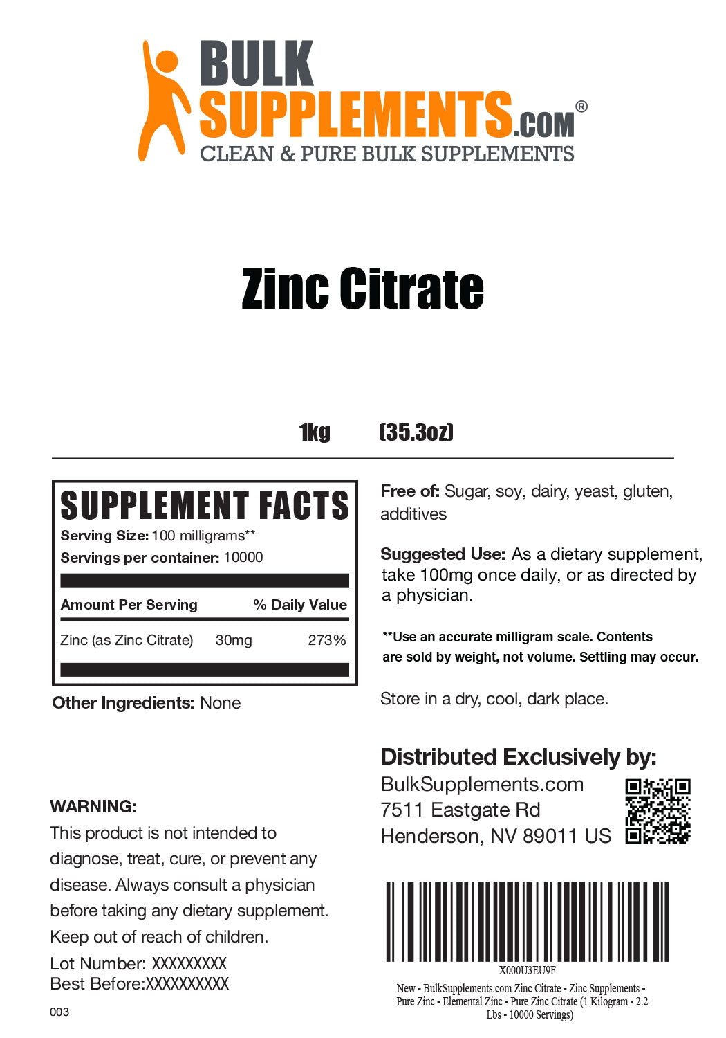 Supplement Facts Zinc Citrate