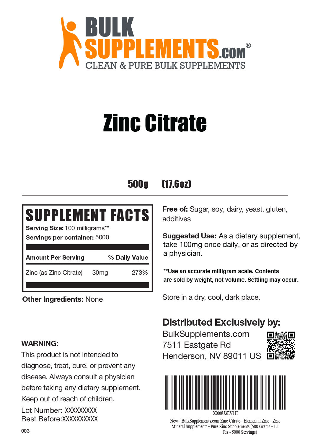 Supplement Facts Zinc Citrate