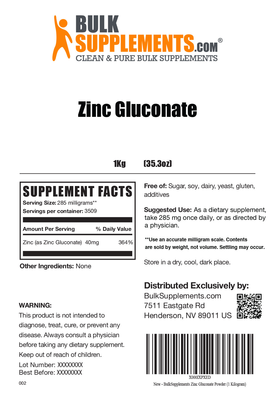 Supplement Facts Zinc Gluconate