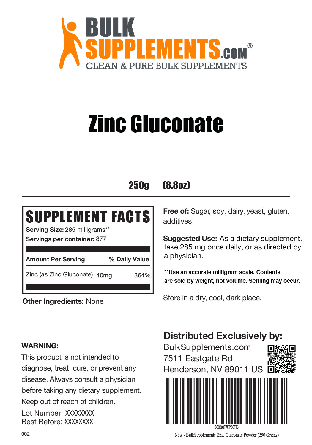 Supplement Facts Zinc Gluconate