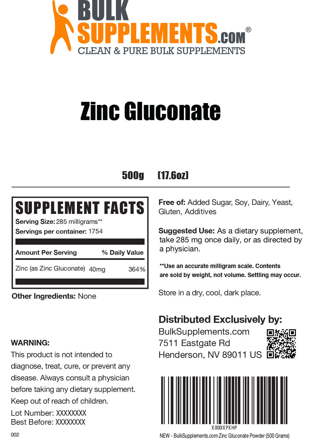 Zinc Gluconate 500g label