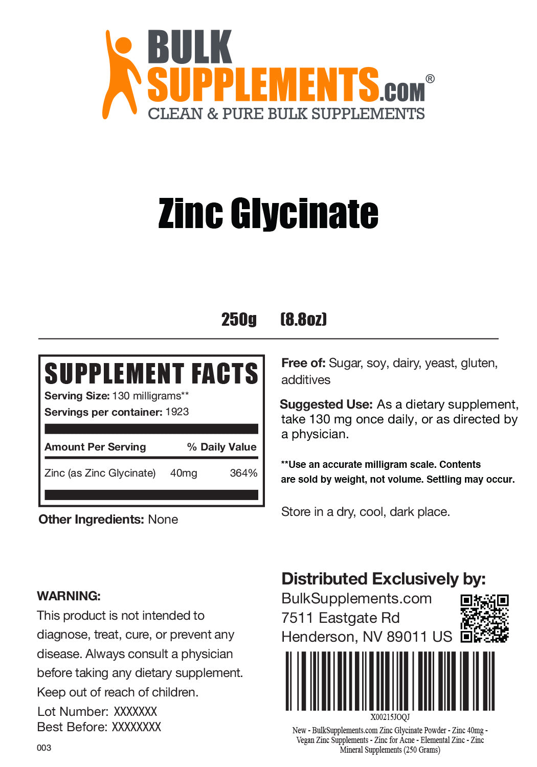 Supplement Facts Zinc Glycinate