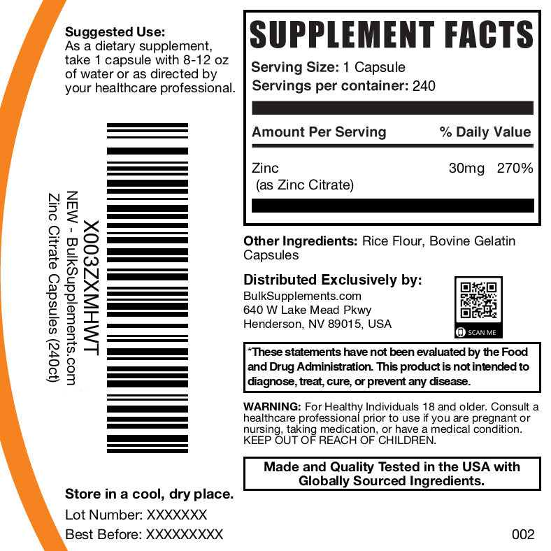 Zinc citrate 240 capsules label
