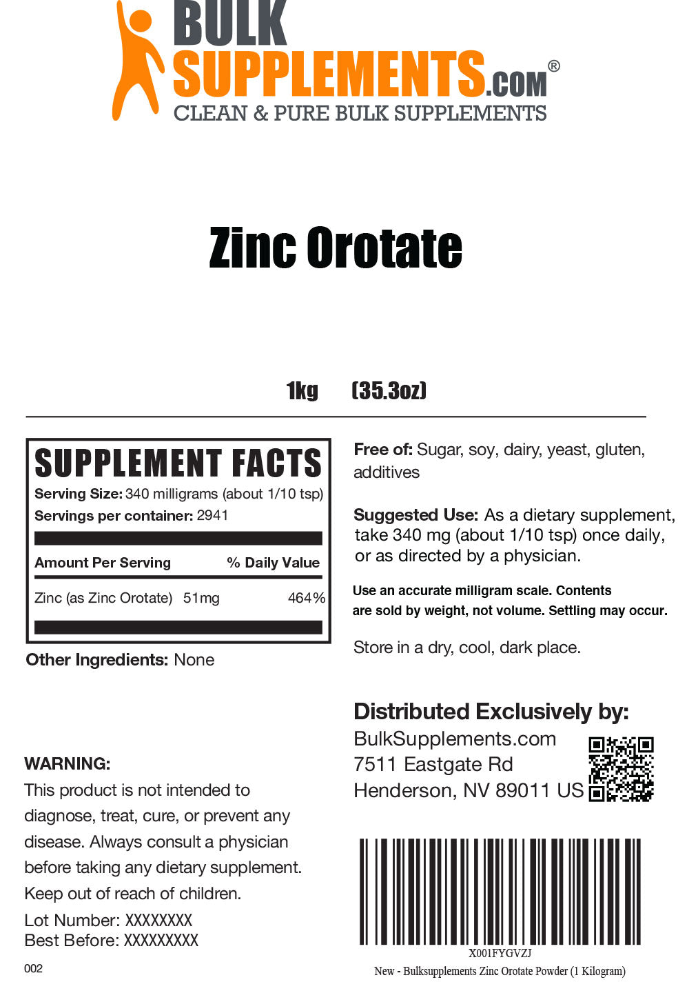 Supplement Facts Zinc Orotate