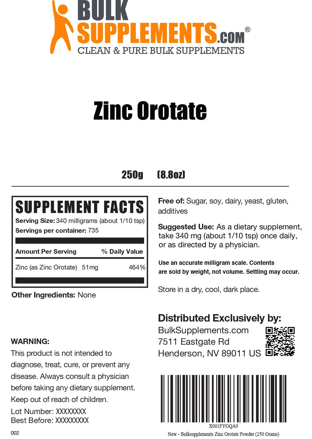 Supplement Facts Zinc Orotate