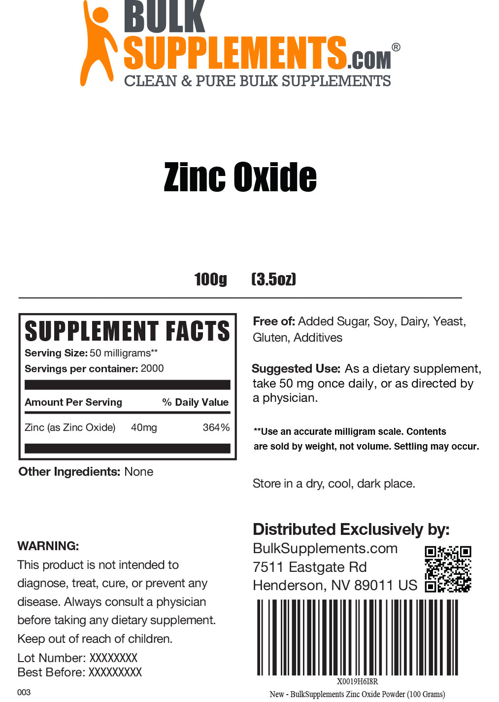 Supplement Facts Zinc Oxide