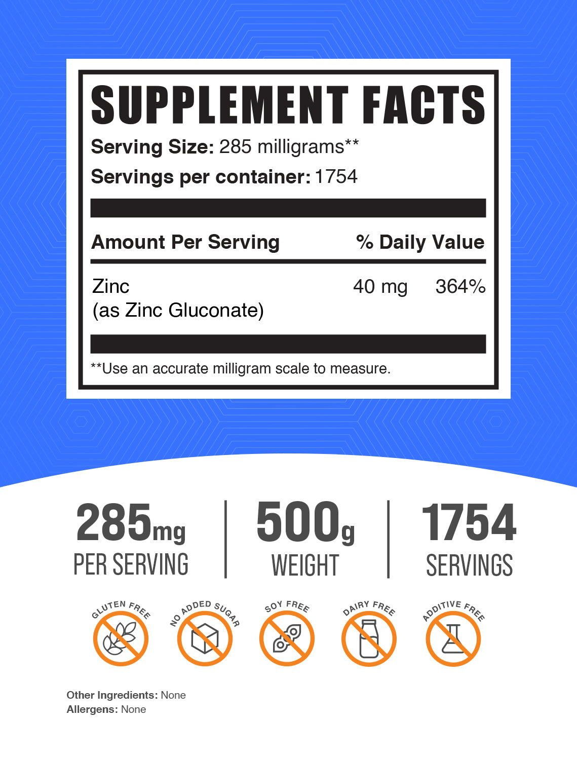 BulkSupplements Zinc Gluconate Powder 500g Supplement Facts