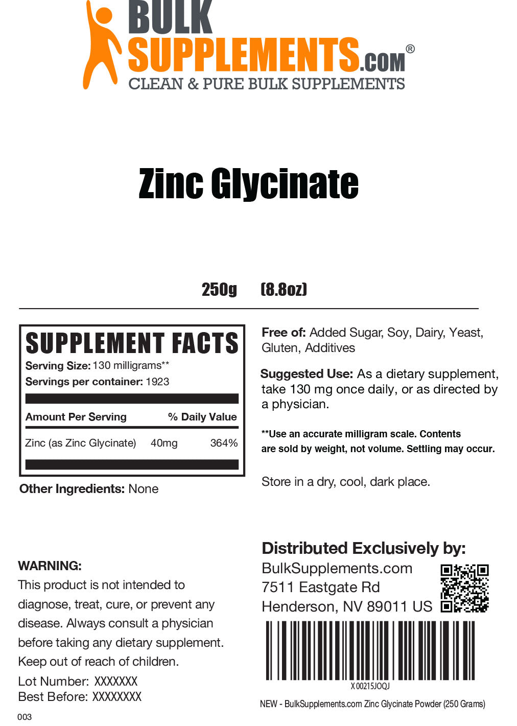 Zinc Glycinate 250g label