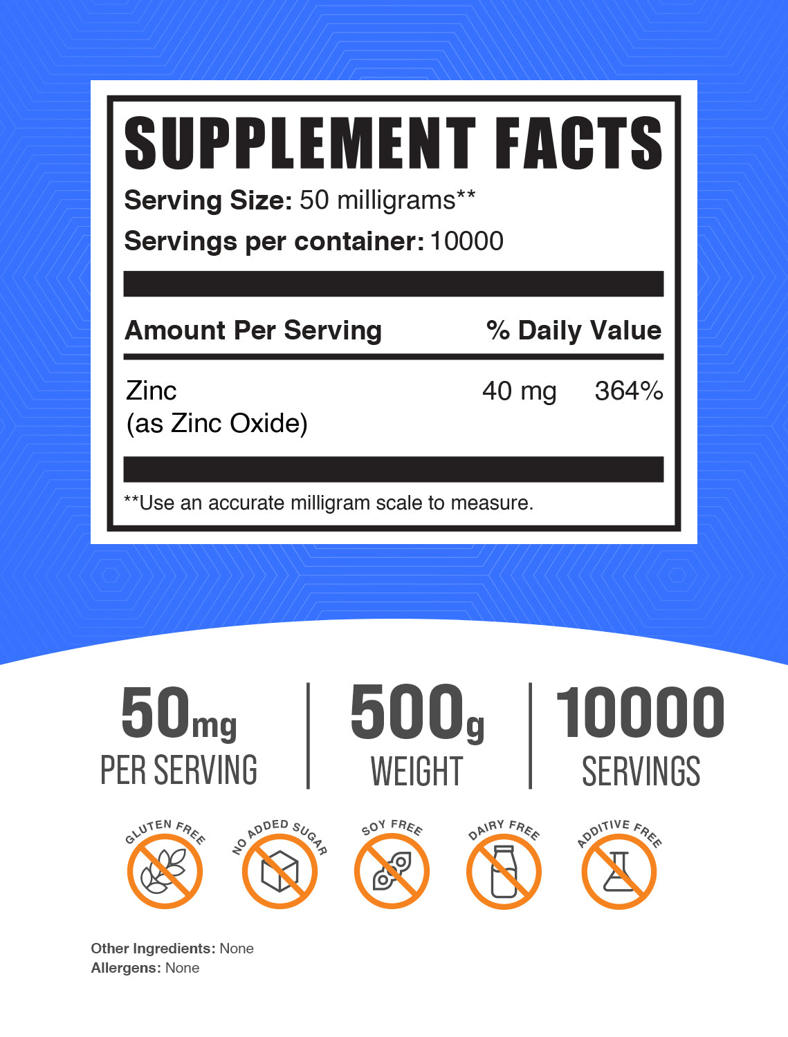 BulkSupplements Zinc Oxide Powder 500g Supplement Facts