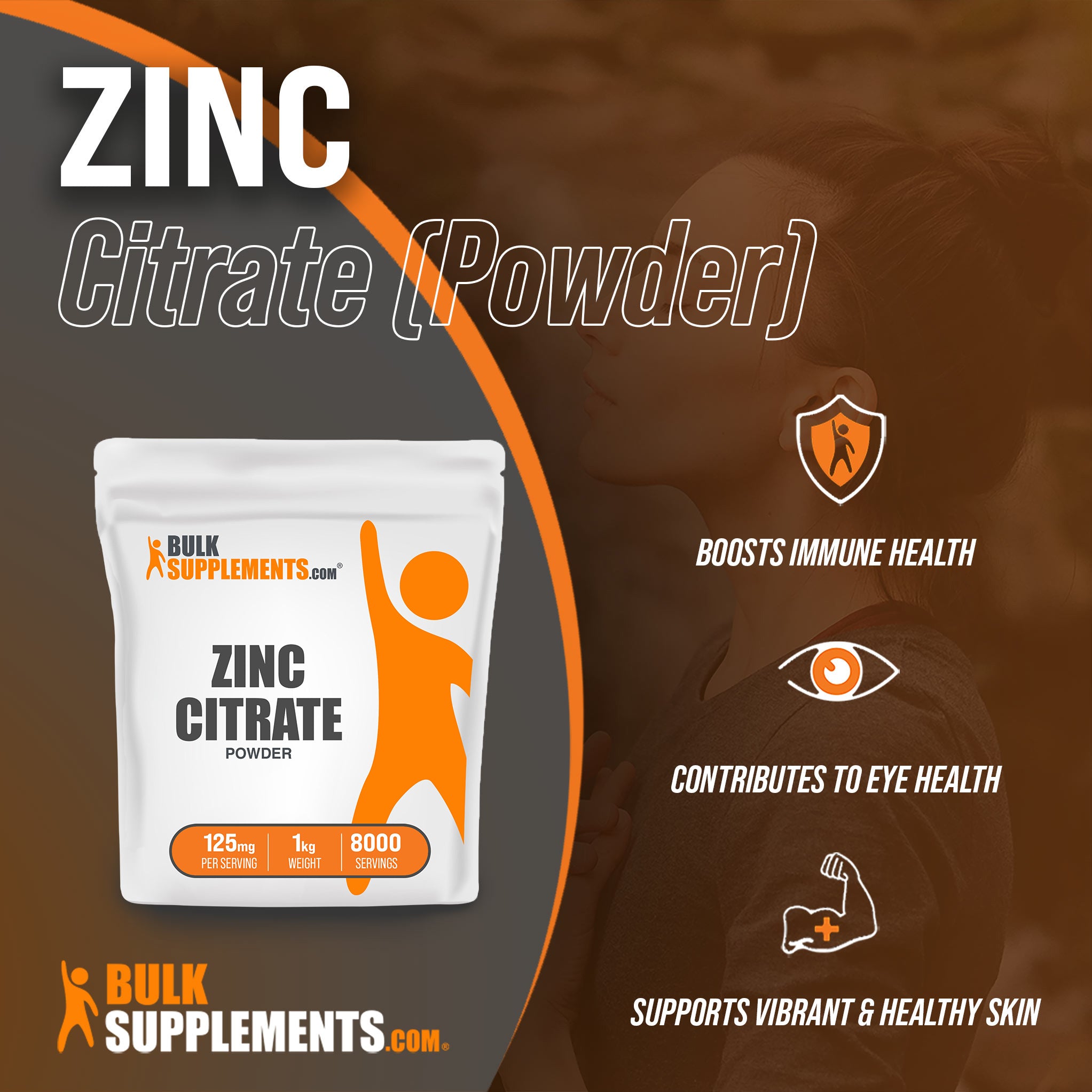 Benefits of Zinc Citrate Powder: boosts immune health, contributes to eye health, supports vibrant and healthy skin