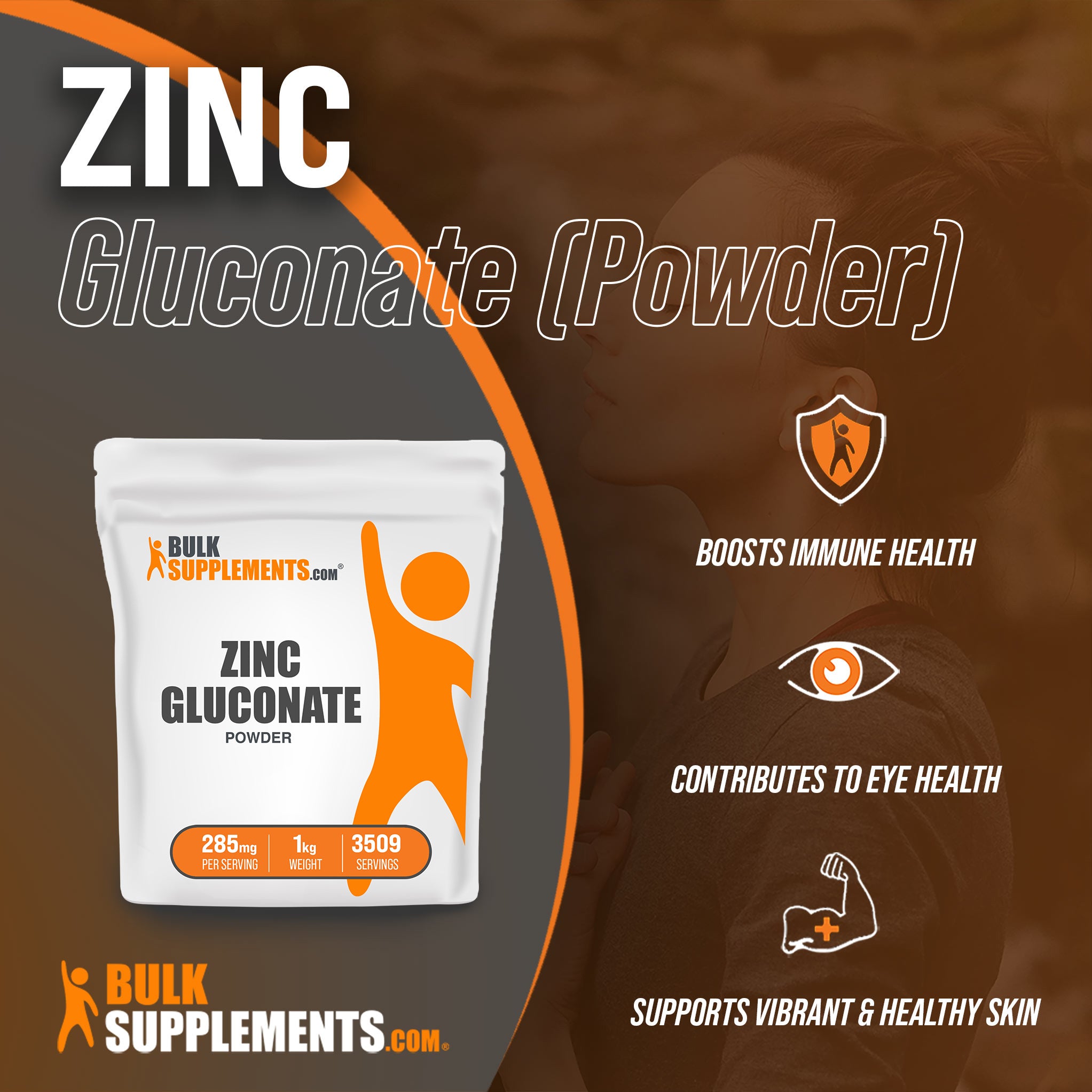 Benefits of Zinc Gluconate: boosts immune health, contributes to eye health, supports vibrant and healthy skin