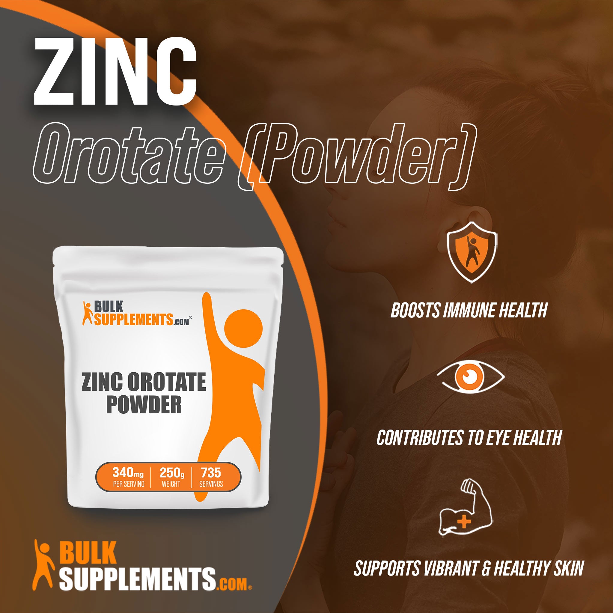 Benefits of Zinc Orotate: boosts immune health, contributes to eye health, supports vibrant and healthy skin