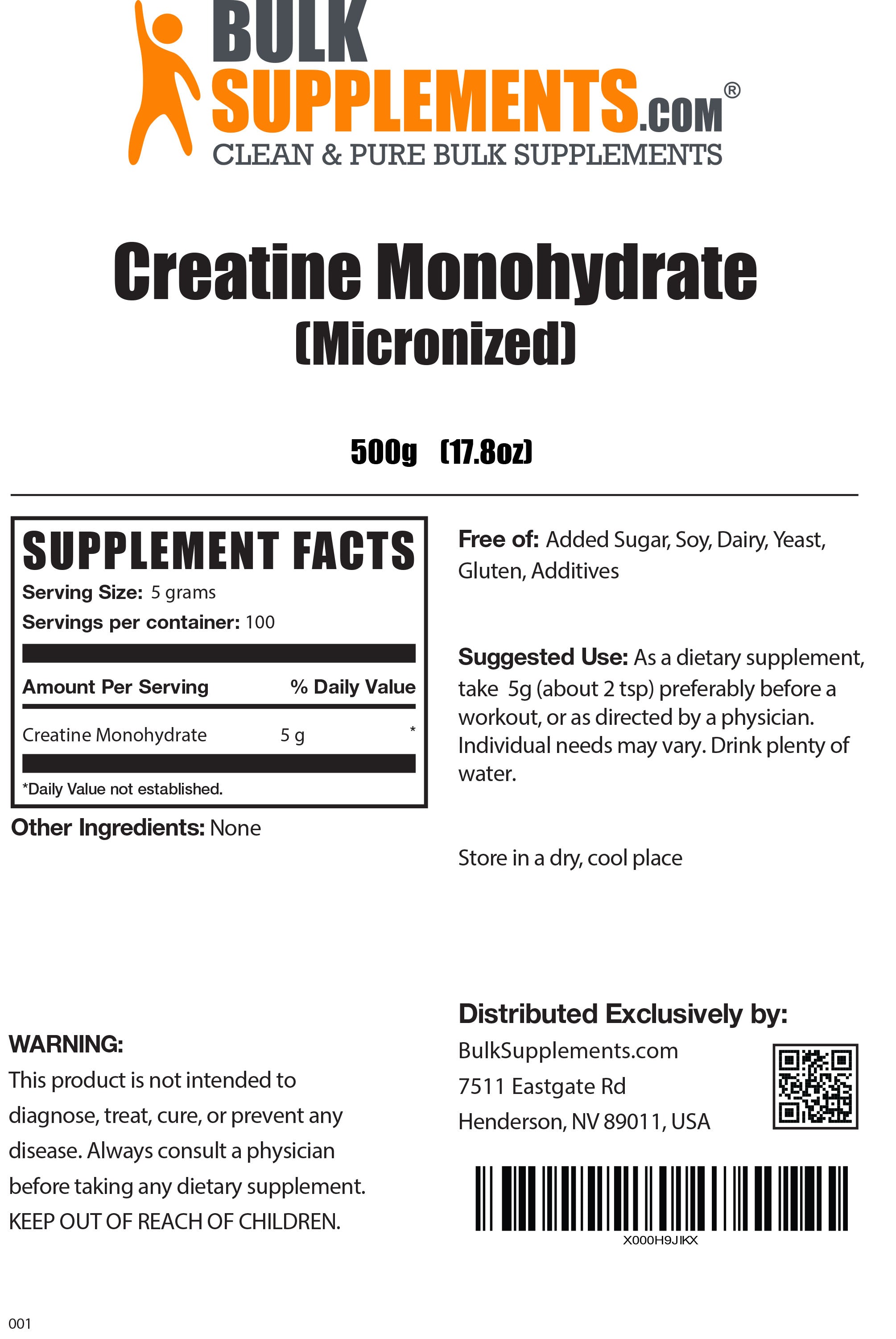 Supplement Facts 500 g Creatine Monohydrate in Vital Stack